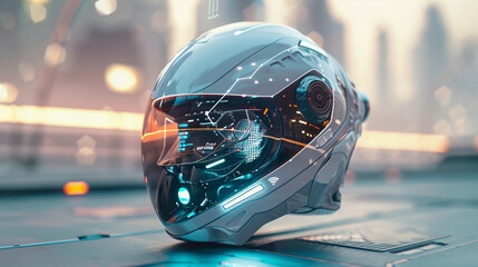 Advanced futuristic helmet with hud display showcases innovative technology for pilots or racers in a stylized conceptual rendering.