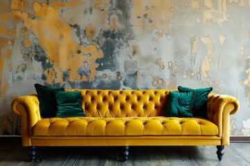 A bright yellow couch is positioned in front of a plain wall, creating a simple and modern seating area
