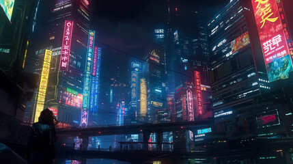 Fototapeta na wymiar A solitary figure observes a stunning cityscape illuminated by neon signs in a futuristic setting