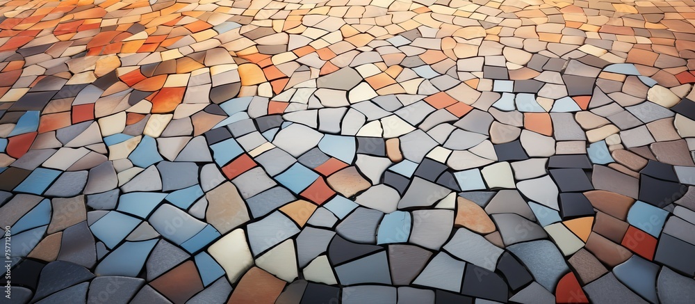 Aufkleber a closeup of a vibrant mosaic tile floor, showcasing intricate patterns and colors. the artistic dis
