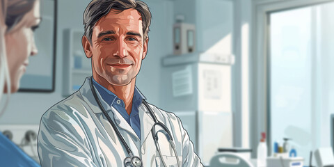 Drawing stylized doctor in hospital  - obrazy, fototapety, plakaty