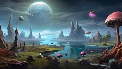 Create an alien planets ecosystem featuring bizarre flora and fauna strange geology and atmosphere - obrazy, fototapety, plakaty