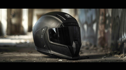 Fototapeta premium Sleek black motorcycle helmet resting on a textured surface with blurred architectural backdrop, showcasing safety gear and design.
