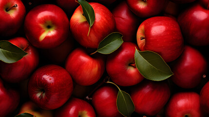 A vibrant collection of red apples, accompanied by fresh green leaves. - obrazy, fototapety, plakaty
