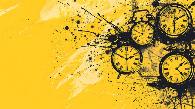 A variety of analog clocks displayed against a vibrant yellow backdrop