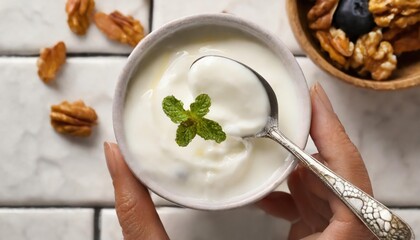 Eating delicious natural yogurt at white tiled table, closeup, top view 