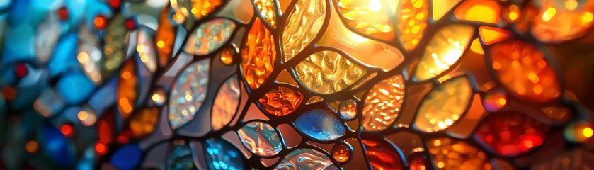 Crédence de cuisine en verre imprimé Coloré Stained glass artwork illuminated showcasing intricate patterns with a bokeh light effect