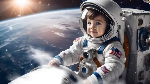Little astronaut in space. Seamless looping time-lapse 4k video animation background