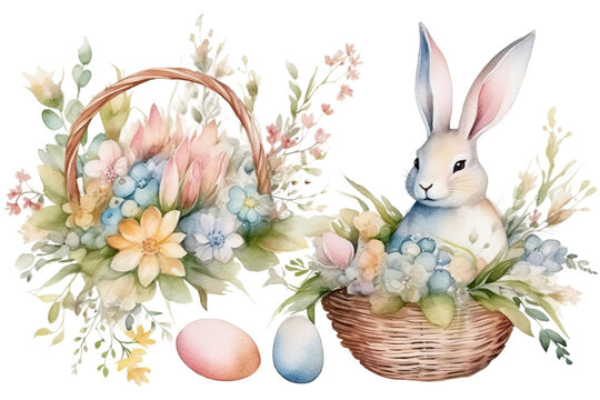 Easter eggs Watercolor Bouquets flowers easter basket spring background Easter decorations bunny white