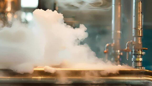 Steam and smoke billow out of an industrialsized distillation machine extracting essential oils from natural ingredients as part of the technological distillation process.