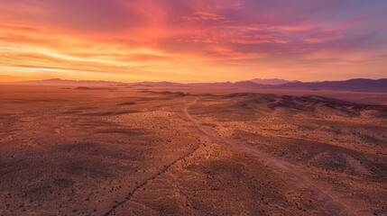Fototapeta na wymiar An aerial view of a vast desert at sunset, the landscape bathed in twilight light creating a serene and majestic atmosphere.