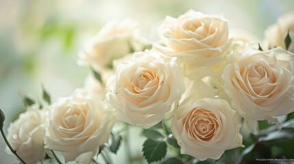 Photography of a horizontal bouquet of white roses, Generative ai.