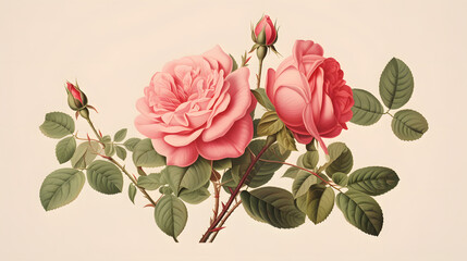 Botanical Illustration of a Pink Rose with buds and leaves