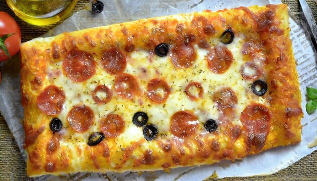  Fresh homemade rectangle pizza on table top view