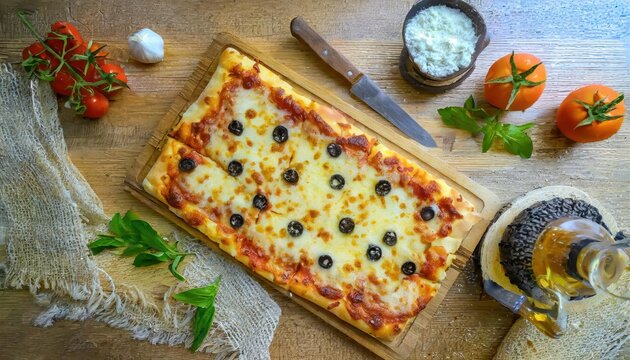  Fresh homemade rectangle pizza on table top view