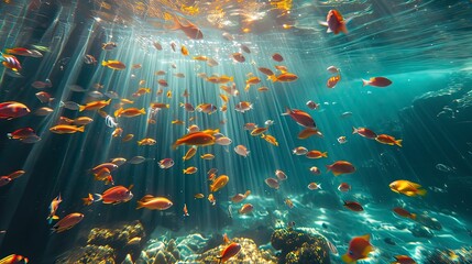 A vibrant underwater scene of colorful tropical fish swimming in crystal clear water. Generative ai.