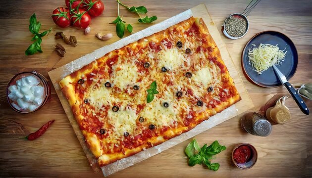  Fresh homemade rectangle pizza on table top view
