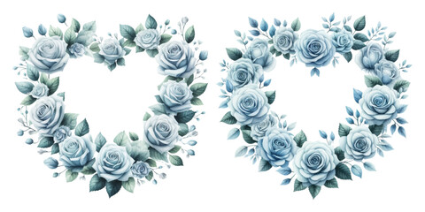 Blue rose heart-shaped wreath watercolor illustration material set