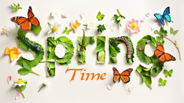time spring leaves, colorful flowers, caterpillars, butterflies, with colorful nature images