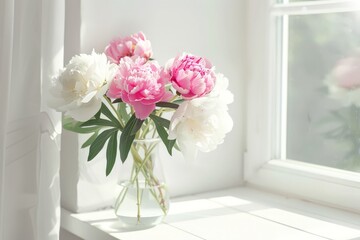 A vase filled with pink and white flowers sits next to a window, with natural light streaming through