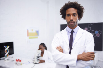 Scientist, portrait and arms crossed with confidence in laboratory for chemical research, medical...