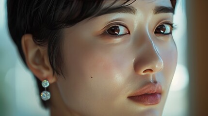 this asian 25 yo woman is wearing subtle makeup, with short hair and diamond earrings, in the style...