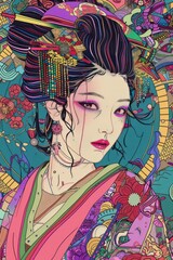 This is a line drawing in vivid color of a beautiful geisha in Hmong Clothing in manga 1986 drawing 