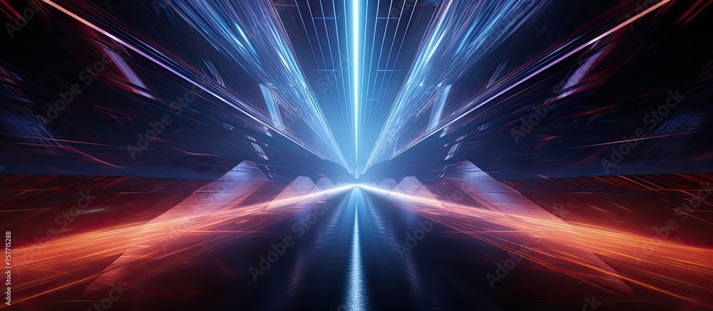 Poster a vibrant blue and red laser beam cuts through the dark sky, creating a stunning display reminiscent