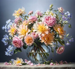 A vibrant display of dahlias and wildflowers in a clear vase, bathed in soft morning light, evoking a sense of calm and renewal
