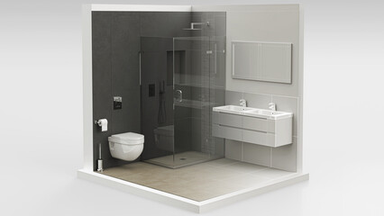 Bathroom renovation, assembly, architecture, design, BIM project, 3d rendering, 3d illustration, Isometric