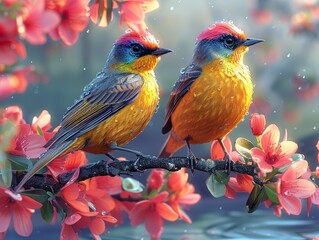 A pair of beautiful birds with long crests relaxing on a branch against a backdrop of beautiful scenery