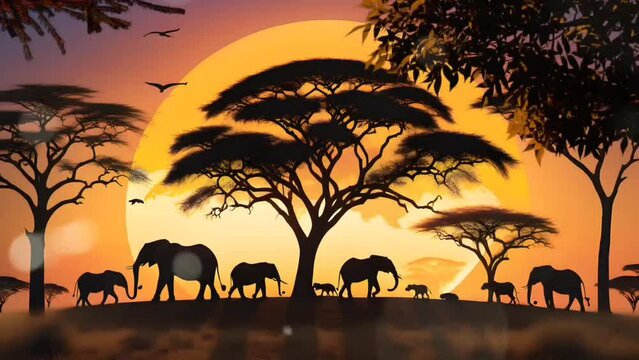 Silhouette of animals and tree in savanna. Seamless looping time-lapse 4k video animation background