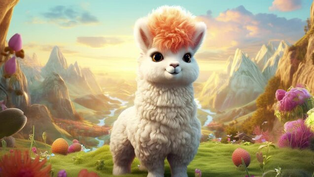 Fluffy alpaca enjoying a playful romp in the meadow on a sunny day Seamless looping 4k time-lapse virtual video animation background. Generated AI
