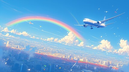 飛んでいる旅客機、虹7 - obrazy, fototapety, plakaty