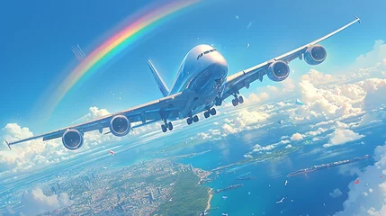 Fotobehang 飛んでいる旅客機、虹8 © 孝広 河野