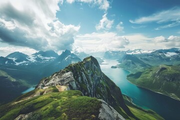 Obraz premium An aerial perspective showcasing a mountain range towering over a serene lake in the foreground