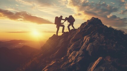 Silhouette of helping hand between two focused climber. Hikers on top of mountain. Men helps each other climb sheer stone rock. Couple alpinist extreme activity. Difficult challenge. Teamwork concept. - obrazy, fototapety, plakaty