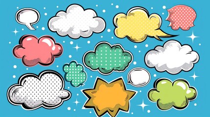 Speech bubble comic pop art set. Retro empty design elements dialog clouds with halftone dot 