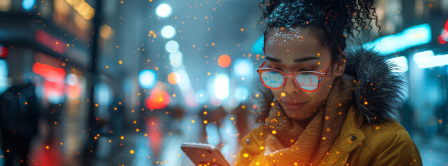 Seamless tech integration: woman, smartphone, data analytics,generative ai