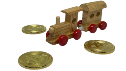 wooden toy train with Bitcoin coins,  concept of cryptocurrency transport and trade.  digital currency logistics, blockchain technology in the transportation sector, creative representation of crypto 