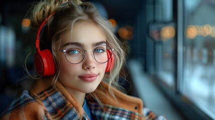 Gen z girl wearing chic trendy clothes - stylish gen z trendsetter in checkered coat and red headphones,generative ai