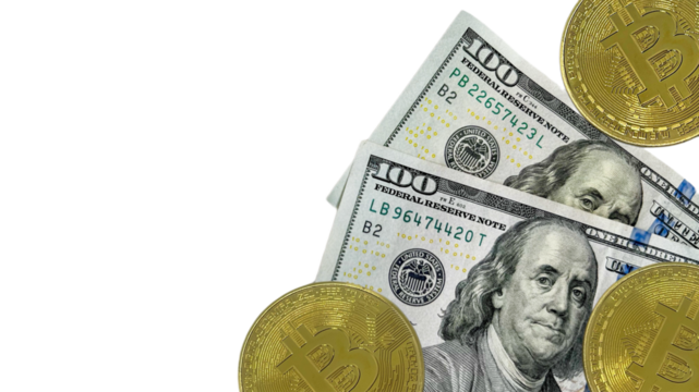 Bitcoin coins beside US 100 dollar bills, on a clear white background in PNG format with copy space, for financial websites, cryptocurrency articles, banking brochures, and educational materials