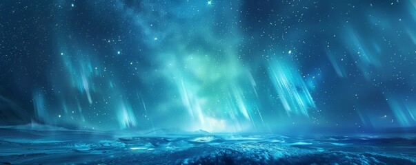 A painting showcasing the night sky filled with stars looming over a body of water, reflecting the celestial beauty above