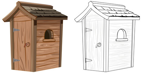 Two styles of cartoon dog houses, colored and outlined.