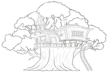Whimsical treehouse nestled within a grand old tree.