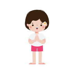 cute kid thai Traditional greeting sawasdee welcome to Thailand Traditional Happy thai new year Vector Illustration template Thailand travel concept on white background