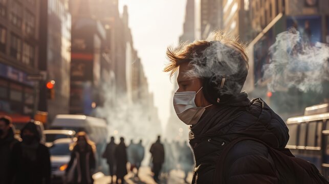 big city covered in toxic smoke People wearing masks Depicts the problem of air pollution. Pay attention to light, color and composition. at the right time