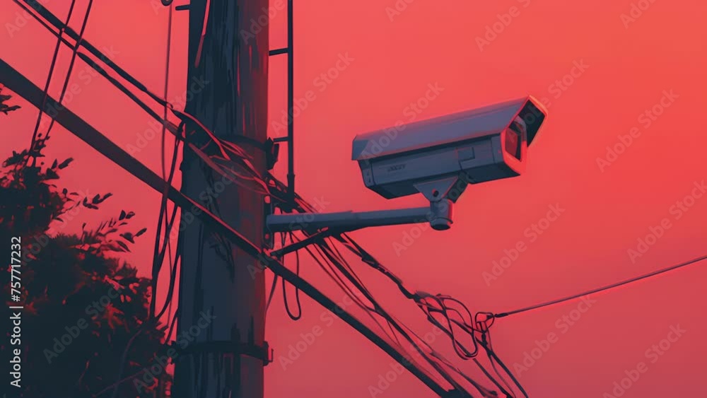 Poster a closeup of a surveillance camera attached to a streetlight demonstrating its ability to analyze an