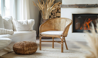 A comfortable seating arrangement with a rattan lounge chair, wicker pouf, and white sofa next to a fireplace.