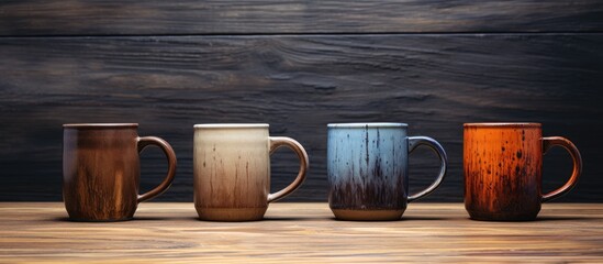 Four wooden cups are neatly arranged on a wooden table, adding a touch of rustic charm to the...